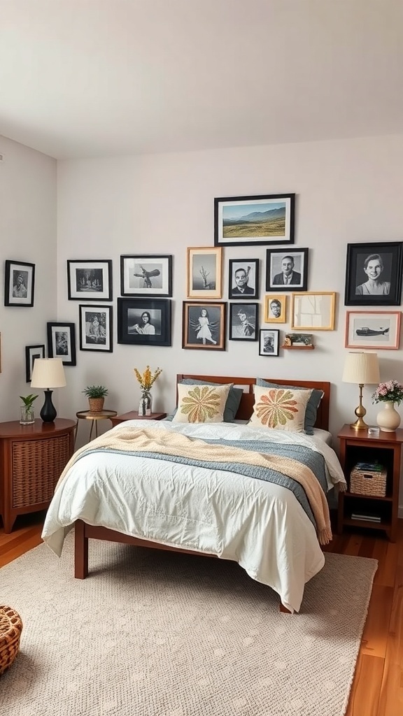 A cozy bedroom featuring a bed with decorative pillows, a gallery wall of framed photos, and warm lighting.