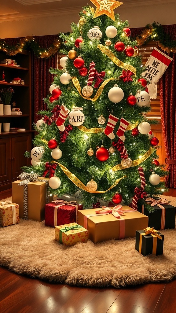A beautifully decorated Christmas tree with a fluffy tree skirt and wrapped gifts underneath.