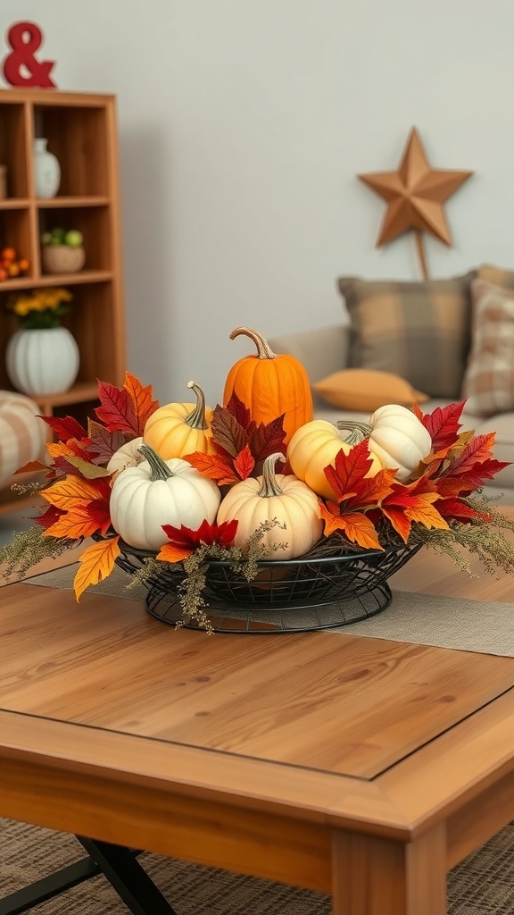 A fall-themed centerpiece with pumpkins and autumn leaves on a wooden table.