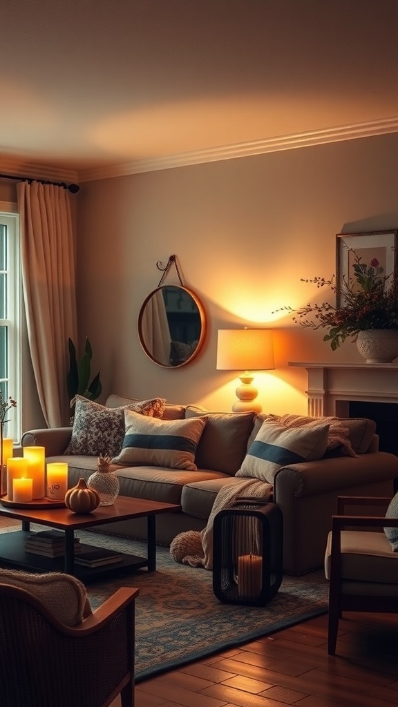 A cozy living room with warm lighting, featuring a sofa, candles, and decorative elements for fall decor.