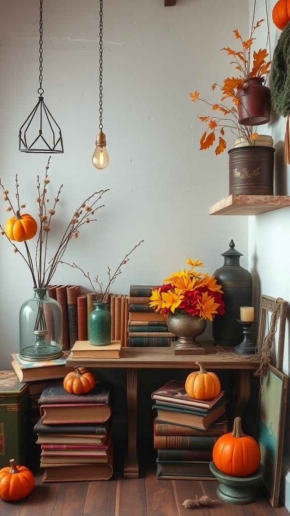 A cozy vintage decor setup featuring books, pumpkins, and autumn flowers.