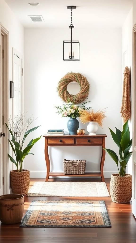 11 Cozy Home Decor Must-Haves for a Warm and Inviting Space 2 Cozy entryway with a wooden console table, flowers in a vase, a wreath, and green plants.