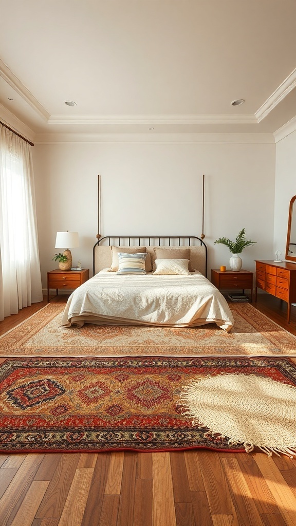 A master bedroom featuring layered rugs, a bed with neutral bedding, wooden furniture, and natural light.