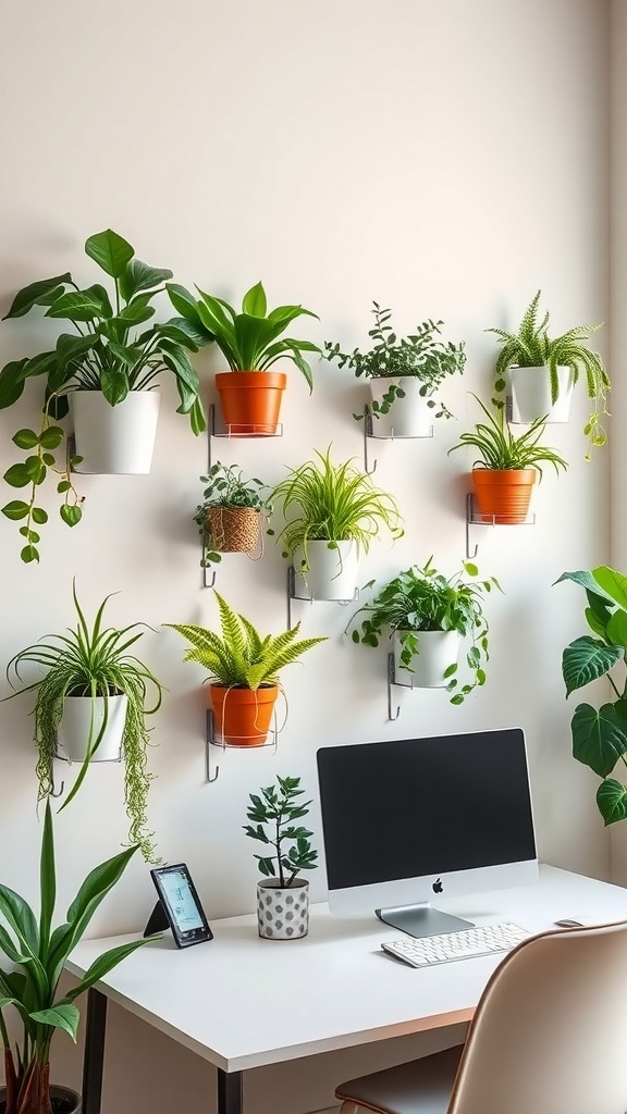 A wall decorated with various potted plants in an office setting.
