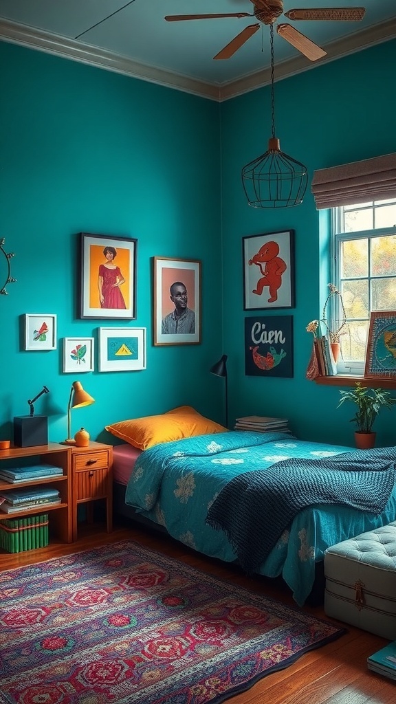 A vibrant bedroom with teal walls, creative wall art, and cozy decor.