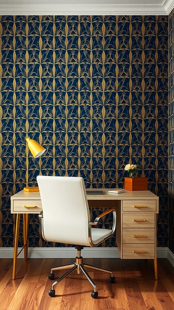 A home office featuring navy blue wallpaper with golden patterns, a modern desk, and a white chair.