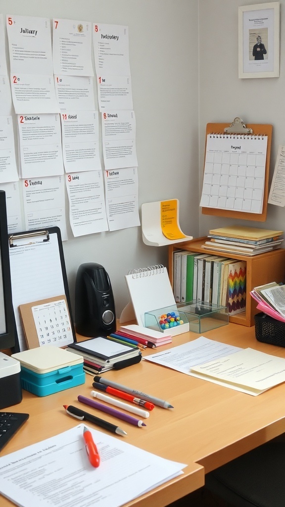 A tidy home office with organizational tools including a calendar, colored pens, and neatly arranged papers.