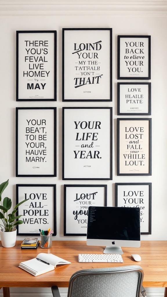 A home office wall decorated with motivational quotes in various frames and typography.