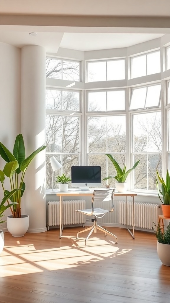 A bright home office with large windows, plants, and a simple desk setup