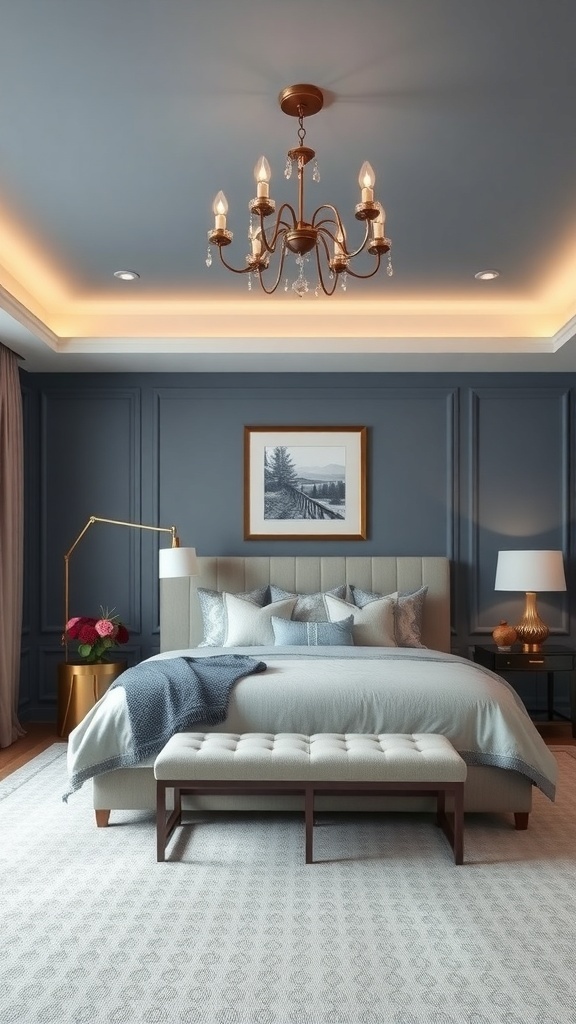 A stylish master bedroom featuring gray walls, elegant bedding, a chandelier, and modern decor.