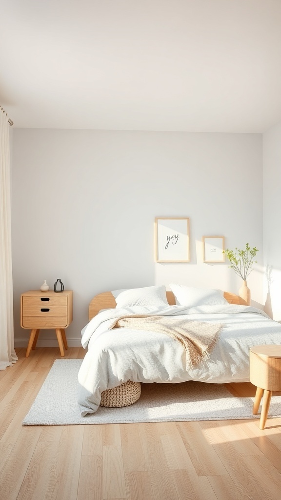 A minimalist Scandinavian bedroom featuring a light color palette, natural wood furniture, and simple decor.