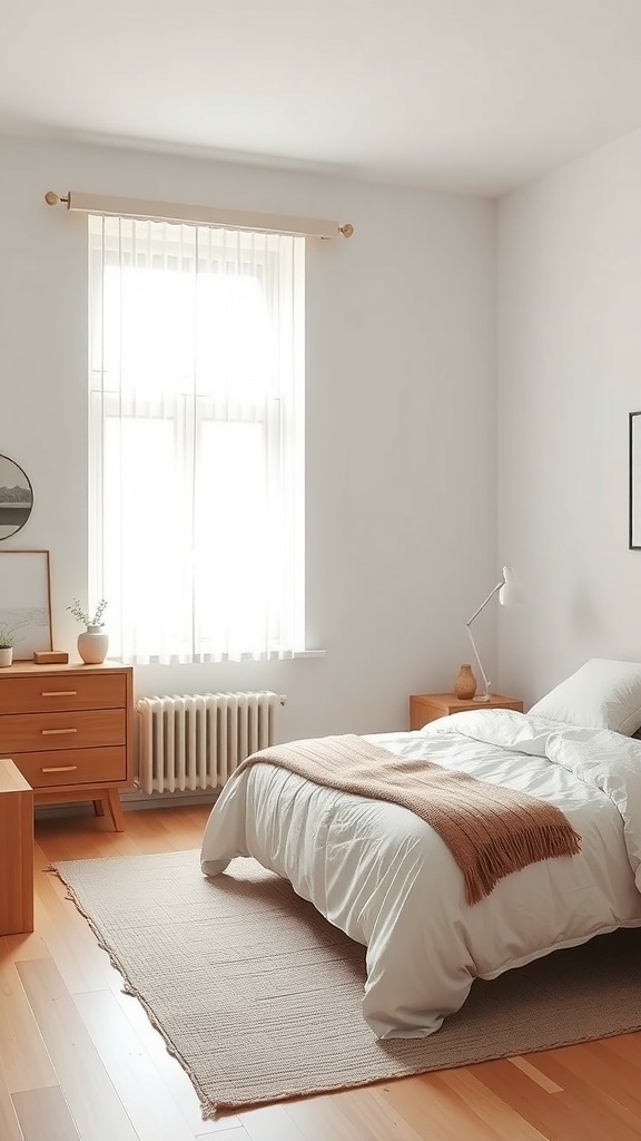 A minimalist teen boy bedroom with a bed, desk, and wooden furniture.