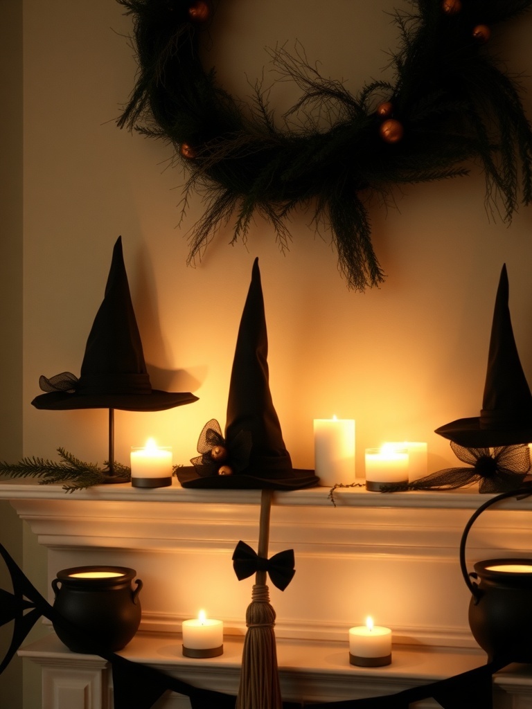 12 Spooktacular Halloween Home Decor Ideas to Transform Your Space 3 A cozy Halloween mantel decorated with witch hats, candles, a broomstick, and a cauldron.