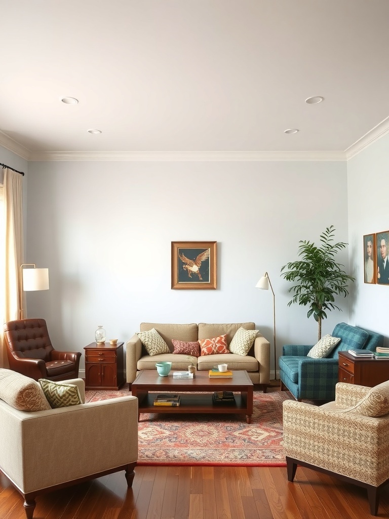14 Whimsical Home Decor Items to Spark Your Imagination 5 A cozy living room featuring a mix of furniture styles, including a brown leather chair, a beige sofa with colorful cushions, and a blue plaid chair, all arranged around a central coffee table.