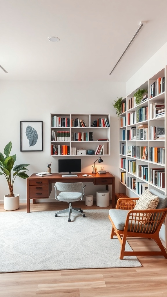 A modern home office with a desk, bookshelves, and a cozy chair.