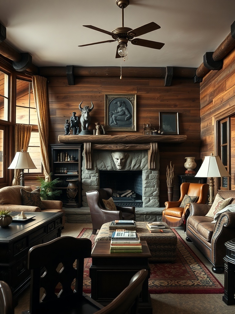 16 Unique Gothic Western Home Decor Finds 3 A cozy living room featuring dark wood accents, a stone fireplace, and rustic decor.