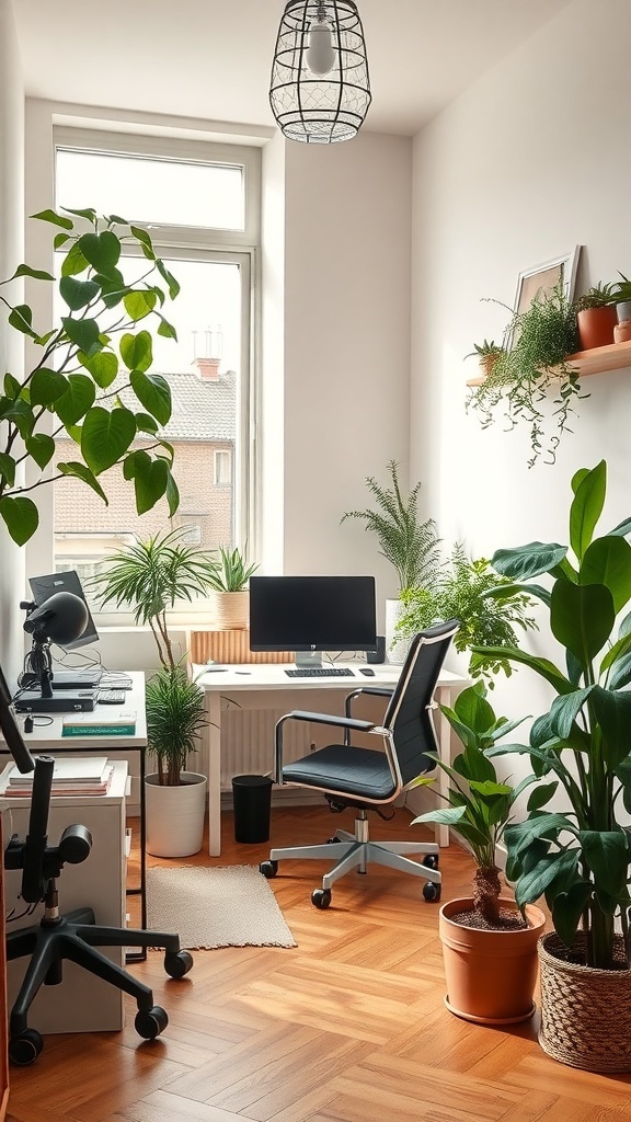 9 Chic Feminine Home Office Ideas for a Stylish Workspace 7 A feminine home office with indoor plants, a desk, and a computer.