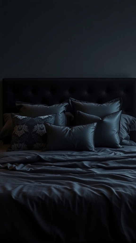 A moody bedroom with dark bedding and plush pillows