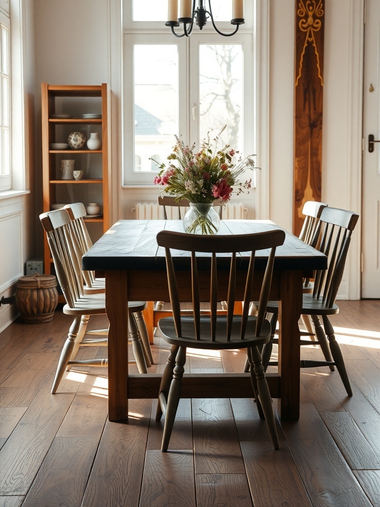 A rustic dining area with a wooden table, spindle-back chairs, and a vase of flowers.