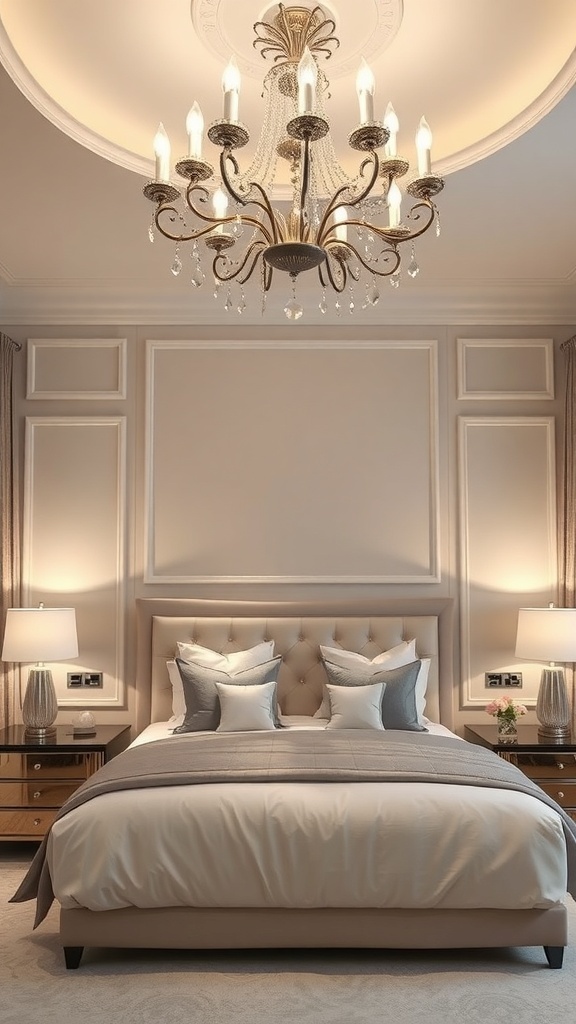Elegant master bedroom with a stunning chandelier and stylish bedside lamps.
