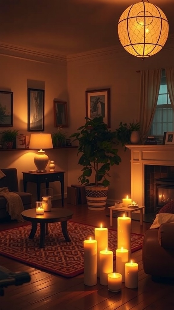 A cozy living room with warm lighting, featuring candles and a pendant light.