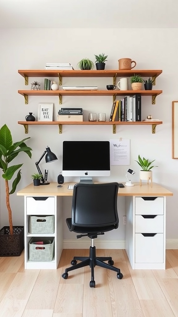 A modern home office setup featuring a desk with shelves above, plants, and storage solutions.