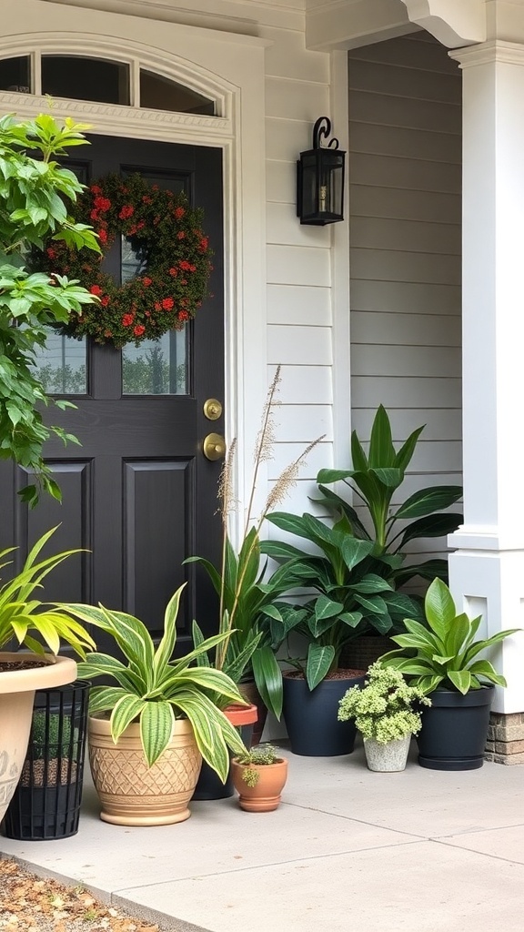 A welcoming entryway with various potted plants and a wreath on the door.