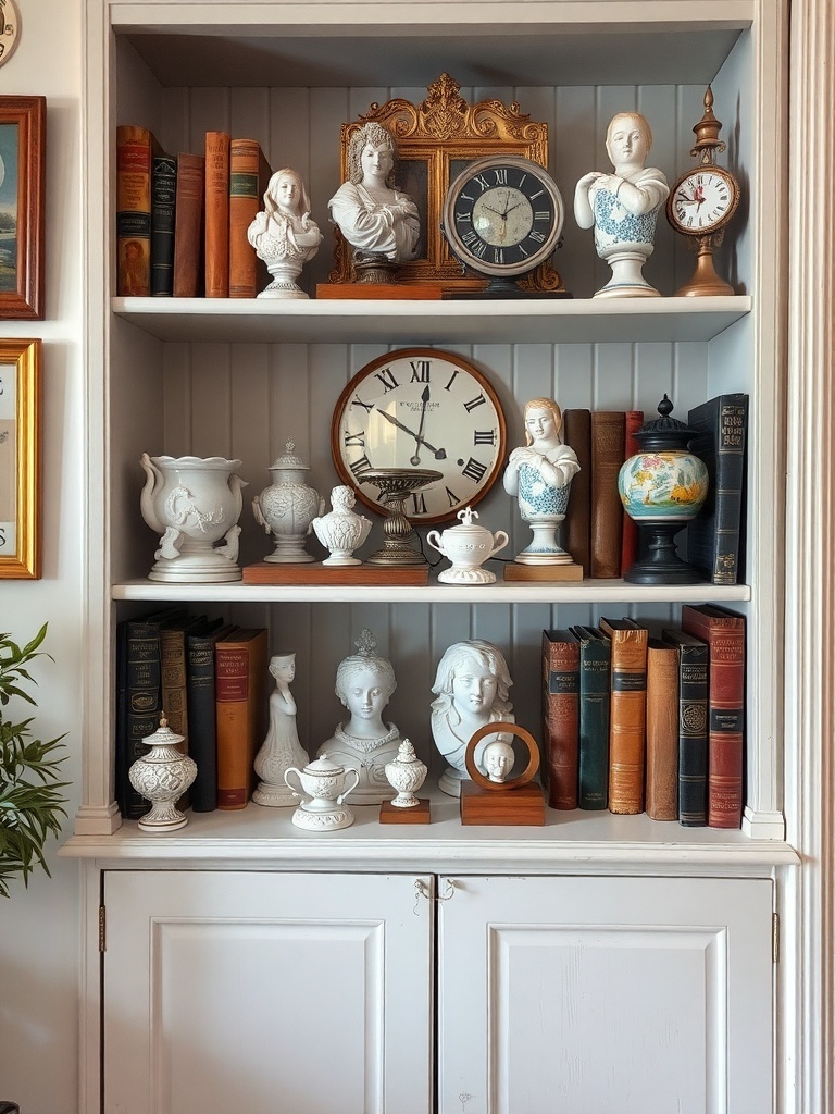 A display of antique collectibles including porcelain figurines, clocks, and classic books on white shelves.