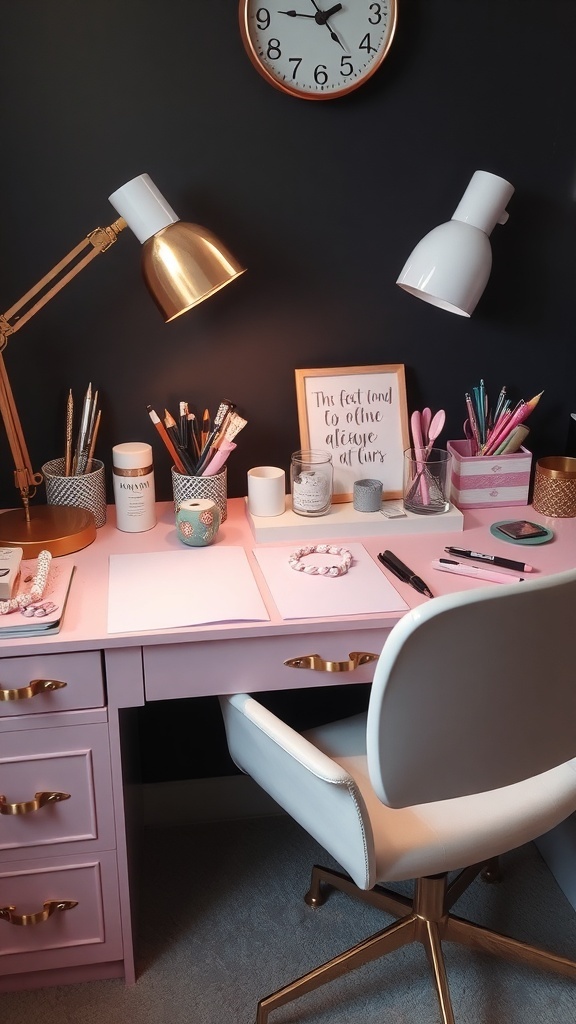 9 Chic Feminine Home Office Ideas for a Stylish Workspace 6 A feminine home office setup featuring a pink desk, gold and white lamps, and organized desk accessories.