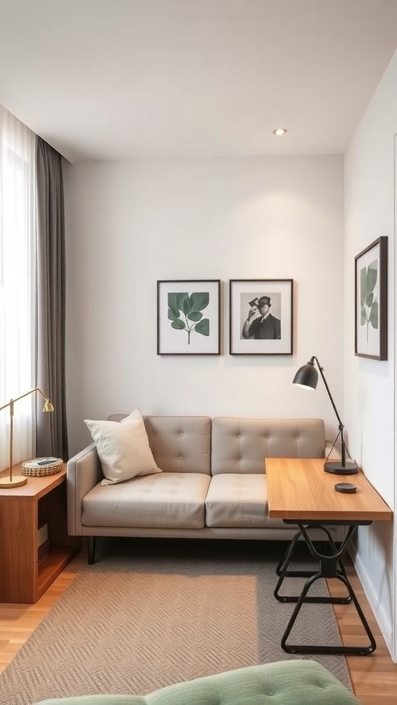 A cozy guest bedroom featuring a light-colored sofa, a wooden desk with a lamp, and framed artwork on the walls.