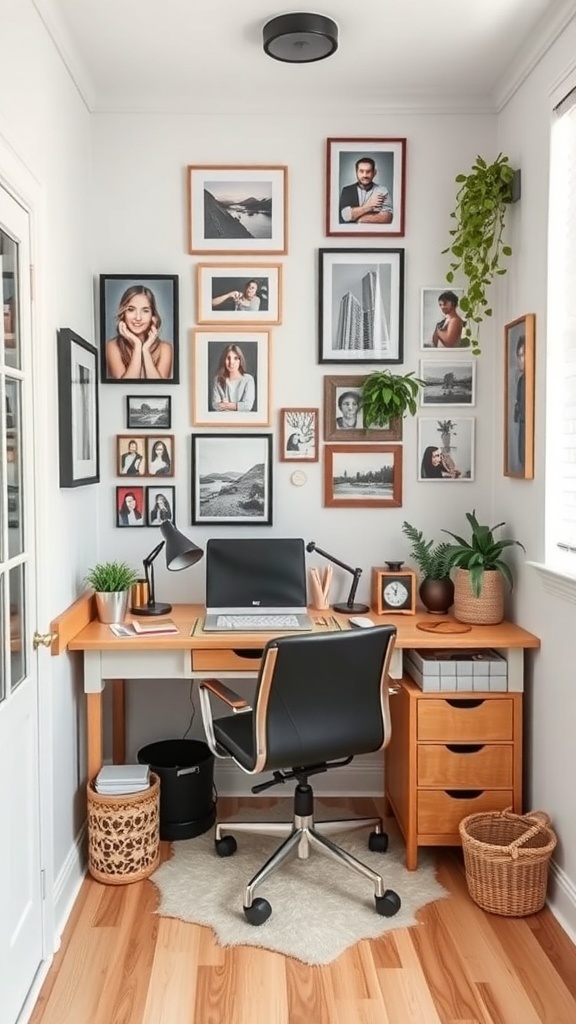 A small home office with a desk, computer, and a wall decorated with framed photos and plants.