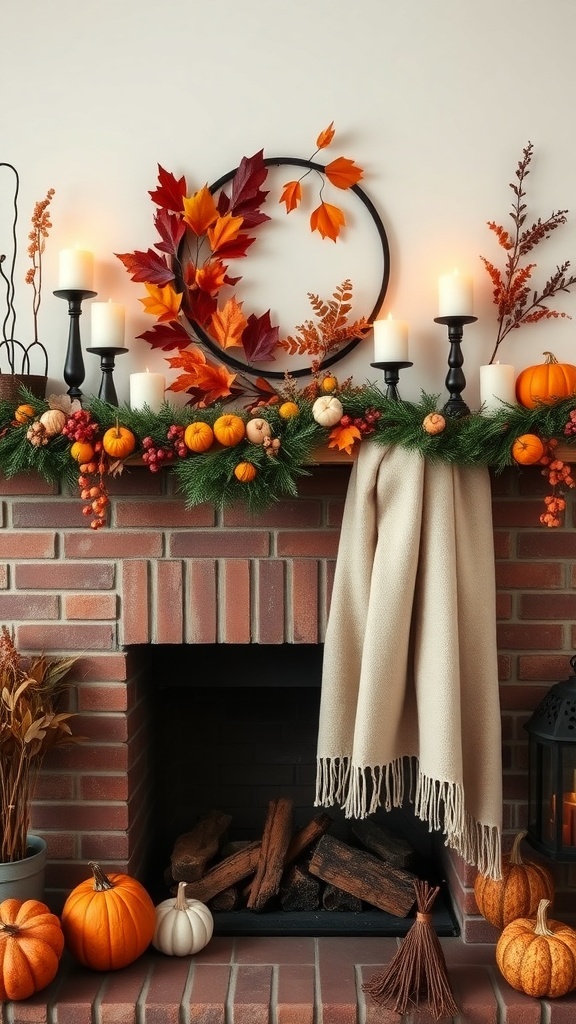 A cozy fireplace mantel decorated with autumn leaves, pumpkins, and candles, creating a warm fall atmosphere.