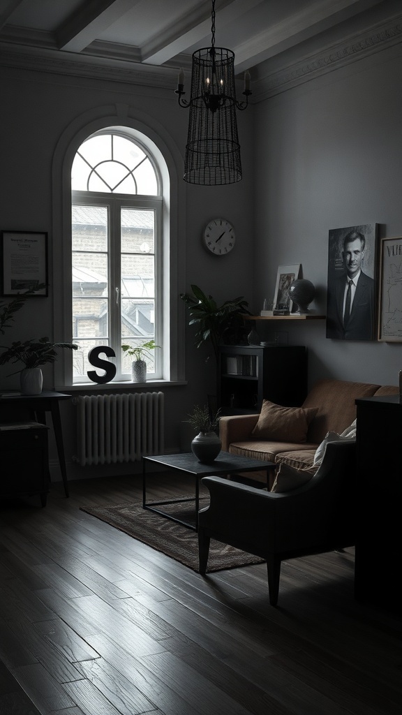 10 Stunning Dark Home Decor Ideas to Transform Your Space 9 A darkly decorated room with a large window letting in natural light, showcasing contrast in decor.