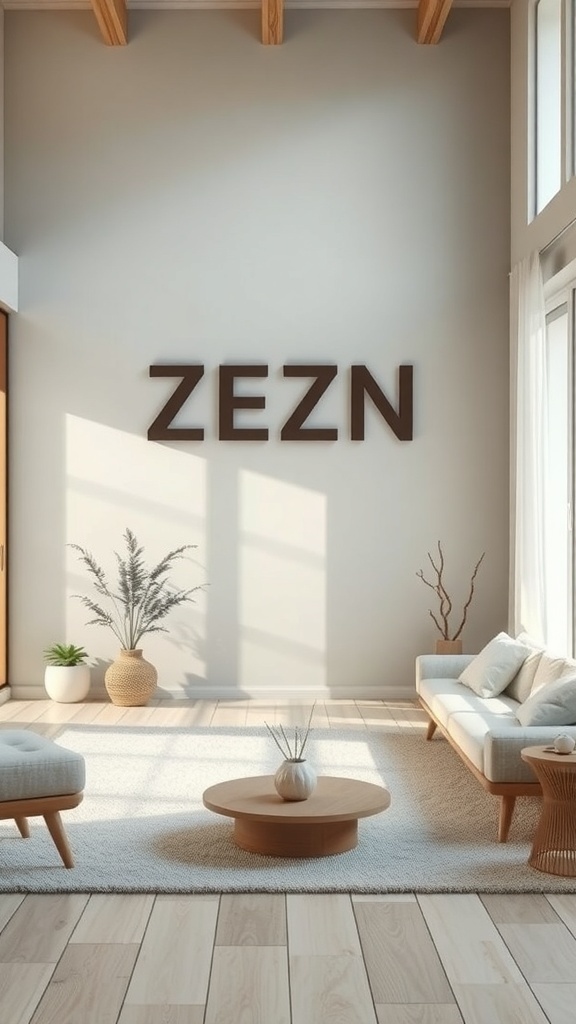 A serene living room with natural light, plants, and minimalist decor.