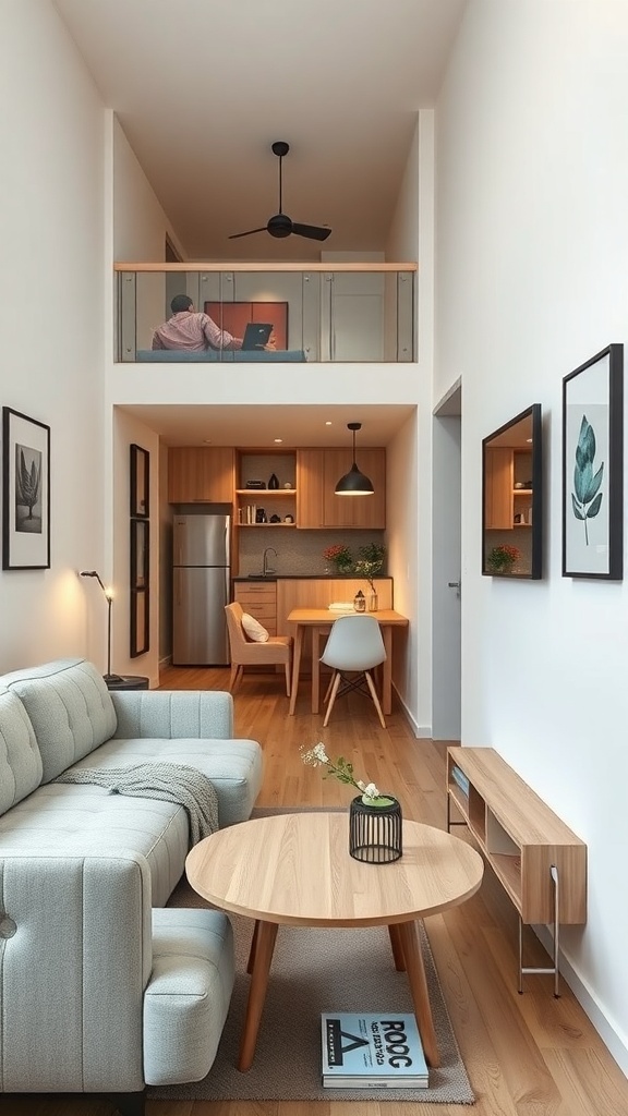 12 Trendy Home Decor Ideas for Millennials 4 A modern small apartment with a living area, kitchen, and loft workspace.