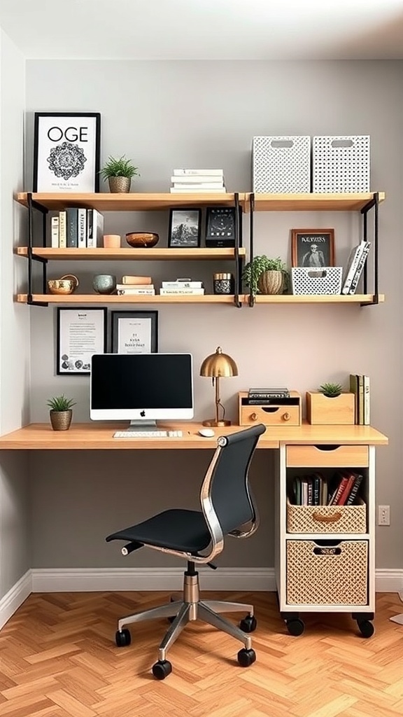 A modern home office with creative storage solutions including open shelves, decorative boxes, and a tidy desk.