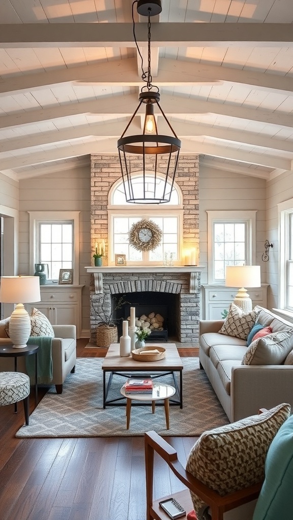 Cozy farmhouse living room with warm lighting and rustic decor