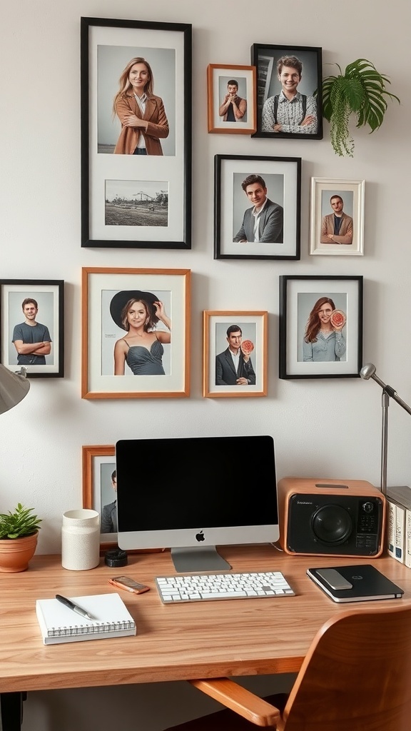 A stylish home office with a gallery wall of framed photos, a wooden desk, and a computer setup.