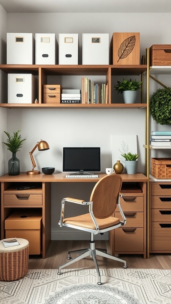 A stylish home office with functional storage solutions, including shelves, drawers, and plants.