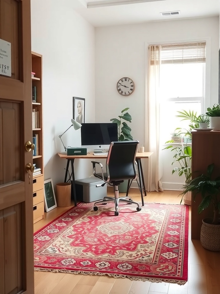 A small home office with a patterned rug, desk, chair, and plants.