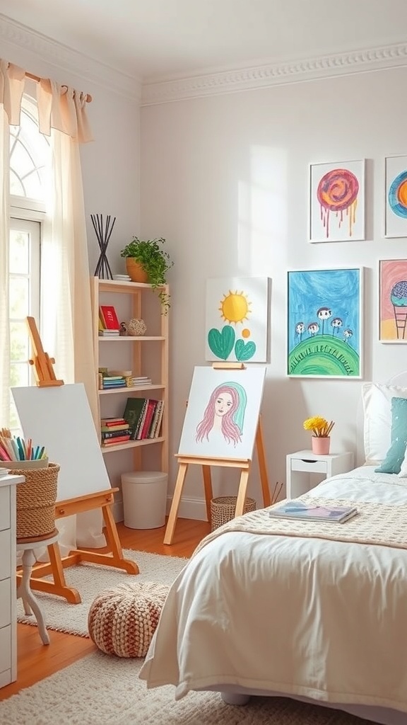 A bright and colorful girl's bedroom with easels, artwork on the walls, and a cozy seating area.