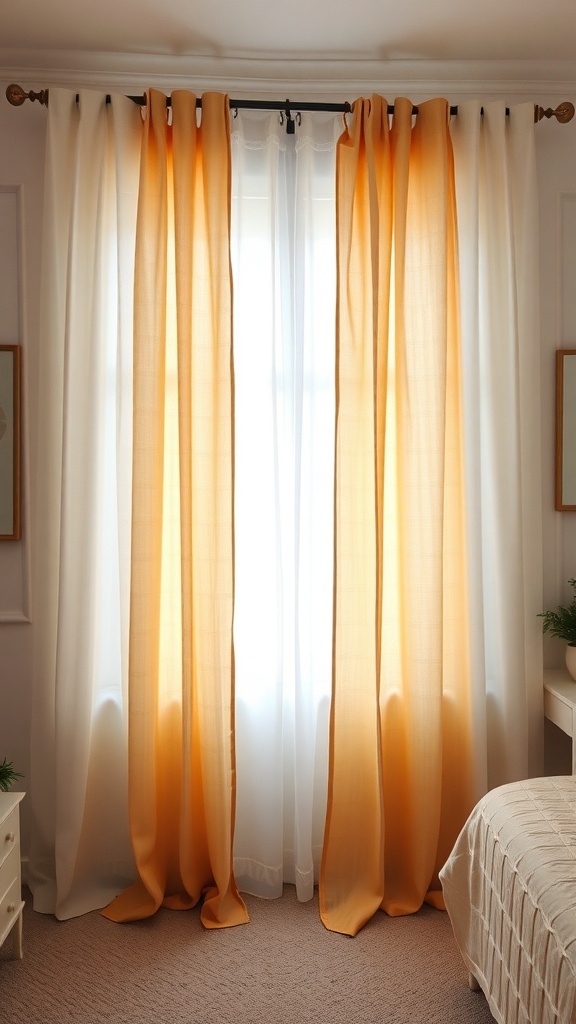 Layered curtains in a bedroom featuring sheer white and bold orange fabrics.