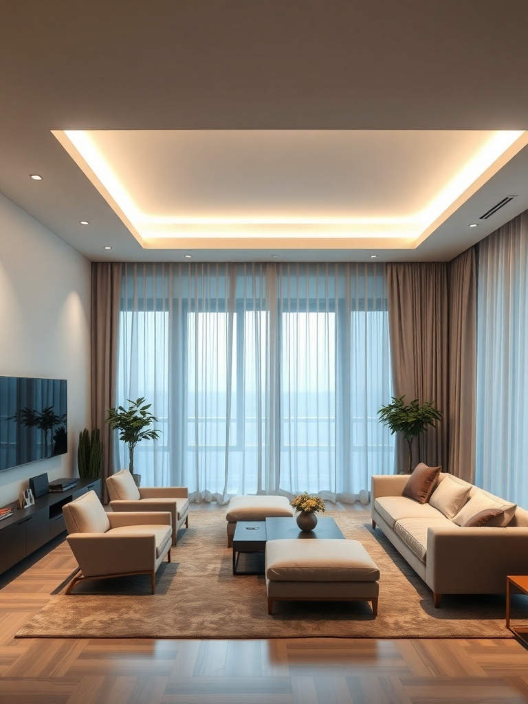 10 Home Decor Trends to Watch in 2025 6 A modern living room with large windows, minimalist furniture, and smart lighting.