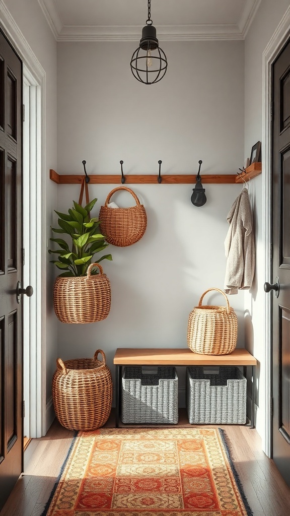 A stylish entryway with hanging baskets, hooks, a bench, and storage boxes.