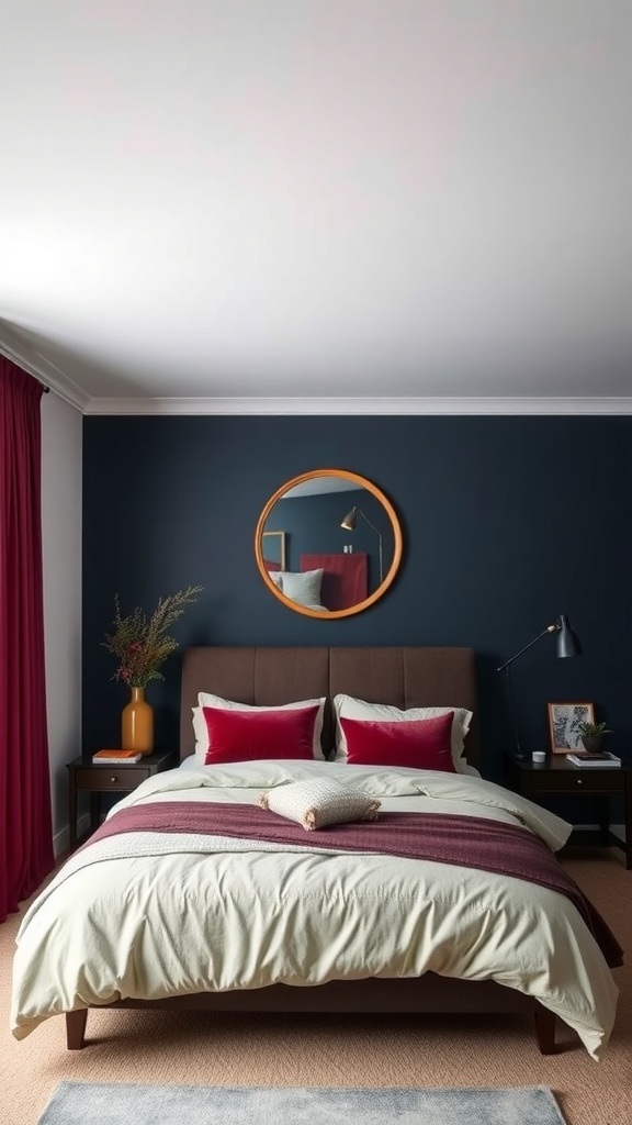 A moody bedroom featuring a dark wall, cozy bedding, and rich color accents.