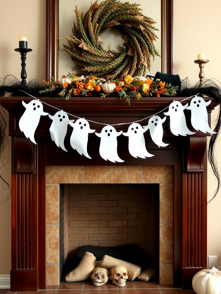12 Spooktacular Halloween Home Decor Ideas to Transform Your Space 4 A cozy fireplace decorated with a ghost garland, autumn wreath, and seasonal decorations.