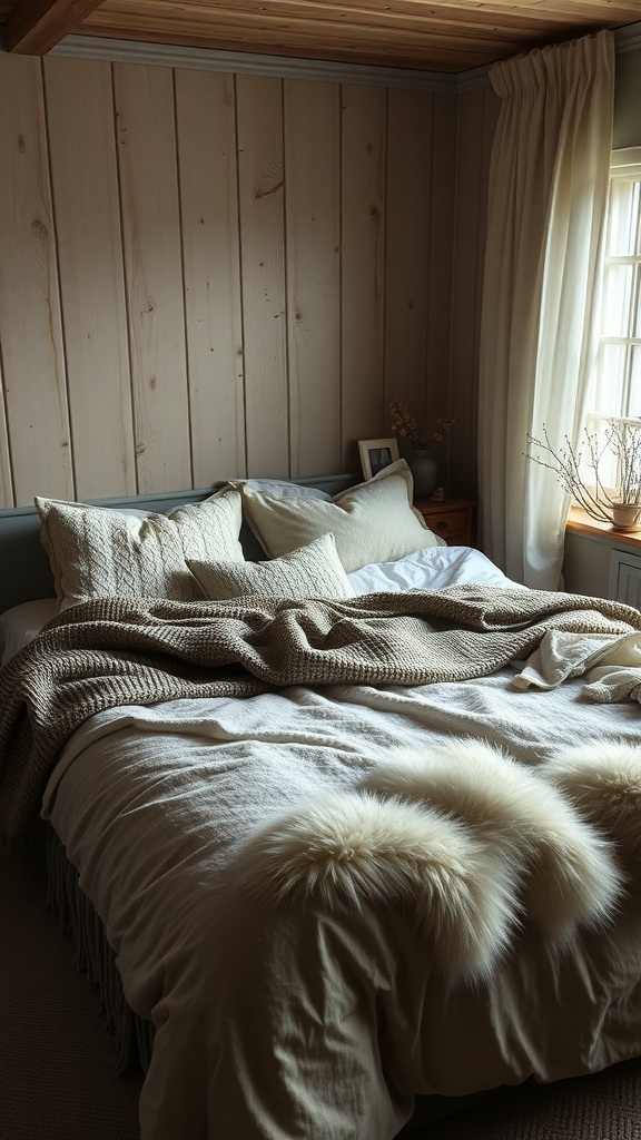 A cozy bedroom with layered bedding, featuring soft textures and warm colors.