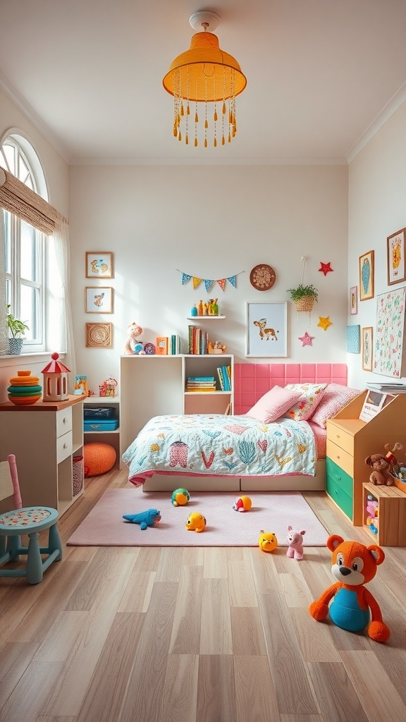 A bright and colorful child's playroom featuring a cozy bed, playful decor, and soft toys scattered on the floor.
