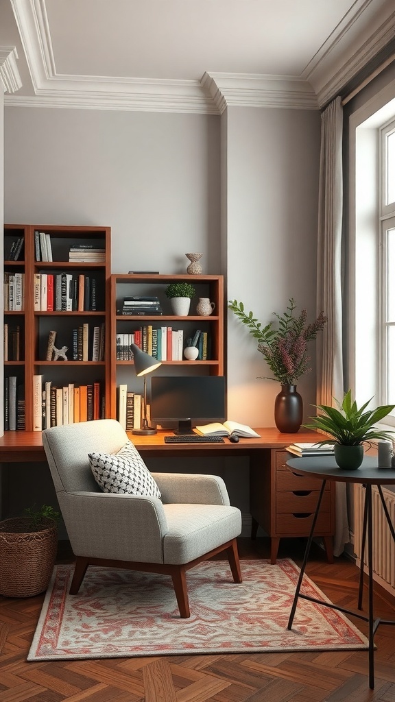 A cozy reading nook in a home office with a comfortable armchair, a desk, and a bookshelf filled with books.