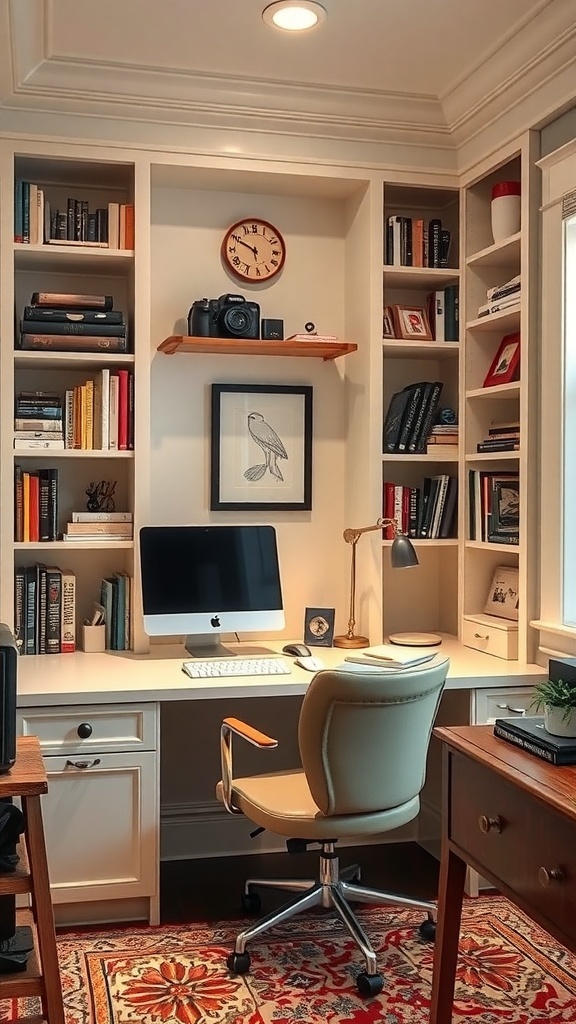 A cozy home office corner with built-in shelves, a desk, and a computer setup.